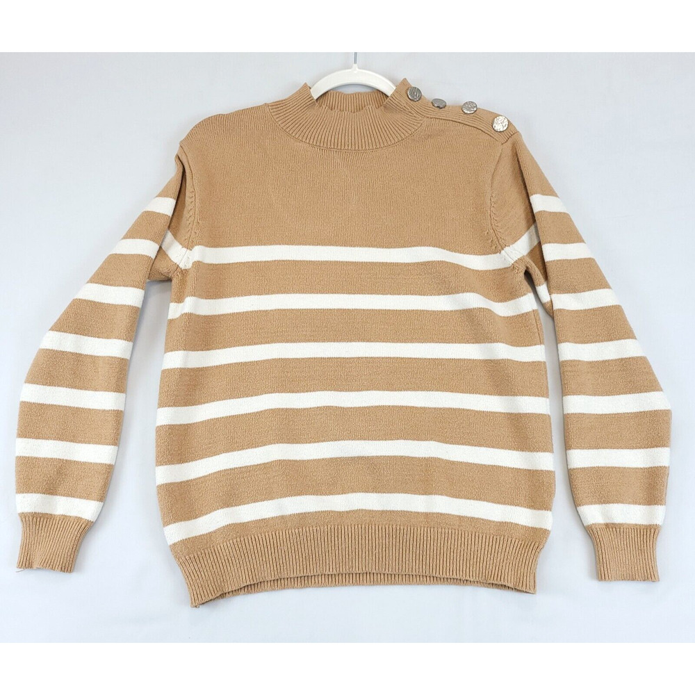 Kirundo Striped Sweater Turtleneck Metal Button Women L Tan White Cozy Knit‎